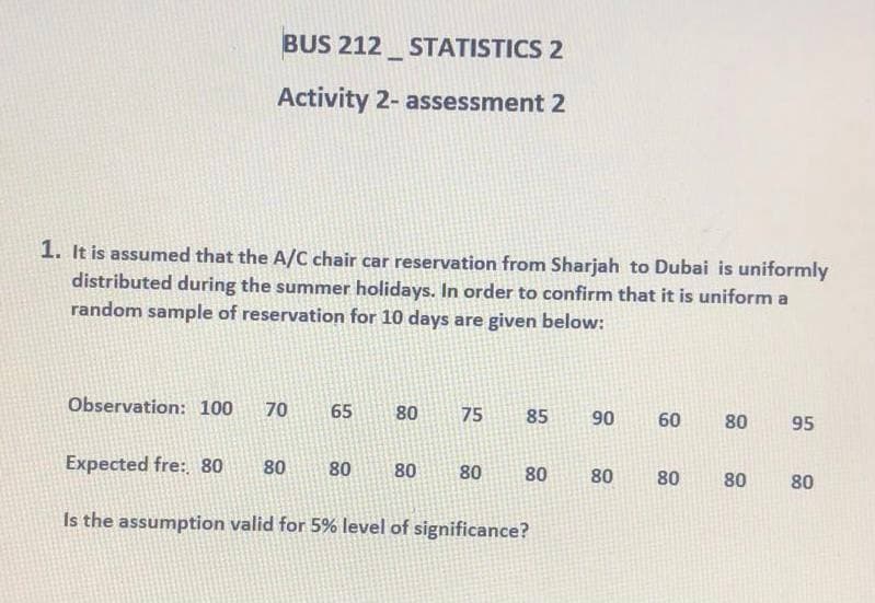 BUS 212_ STATISTICS 2
Activity 2- assessment 2
1. It is assumed that the A/C chair car reservation from Sharjah to Dubai is uniformly
distributed during the summer holidays. In order to confirm that it is uniform a
random sample of reservation for 10 days are given below:
Observation: 100
70
65
80
75
85
90
60
80
95
Expected fre: 80
80
80
80
80
80
80
80
80
80
Is the assumption valid for 5% level of significance?
