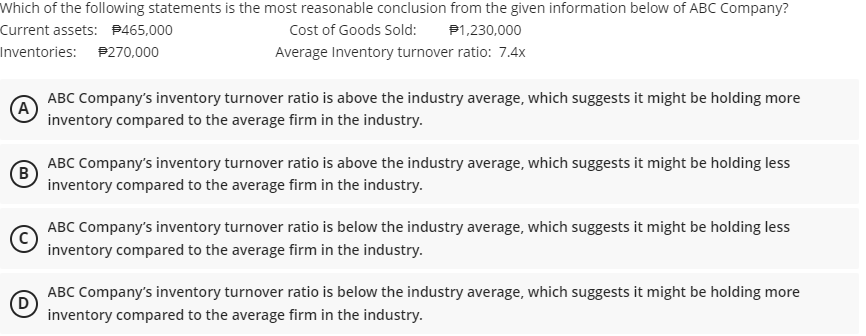 Which of the following statements is the most reasonable conclusion from the given information below of ABC Company?
Current assets: P465,000
Cost of Goods Sold:
P1,230,000
Inventories: P270,000
Average Inventory turnover ratio: 7.4x
ABC Company's inventory turnover ratio is above the industry average, which suggests it might be holding more
(A)
inventory compared to the average firm in the industry.
ABC Company's inventory turnover ratio is above the industry average, which suggests it might be holding less
(B)
inventory compared to the average firm in the industry.
ABC Company's inventory turnover ratio is below the industry average, which suggests it might be holding less
inventory compared to the average firm in the industry.
ABC Company's inventory turnover ratio is below the industry average, which suggests it might be holding more
D)
inventory compared to the average firm in the industry.
