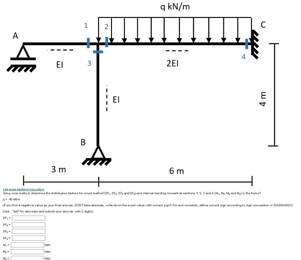 A
DF₂=
DF4=
M₁ =
M₂ =
Mg =
kNm
kNm
EI
kNm
3 m
1
3
EI
q kN/m
2EI
Click to see additional instructions
Using cross method, determine the distribution factors for cross method (DF₁, DF₂, DFg and DF4) and internal bending moment at sections 1, 2, 3 and 4 (M₁, M₂, Mg and M4) in the frame?
q= 40 kN/m
(If you find a negative value as your final answer, DON'T take absolute, write down the exact value with correct sign!! For end moments, define correct sign according to sign convention in DIAGRAMS!!)
(Use. "dot" for decimals and submit your answer with 2 digits)
DF₁ =
DF₂ =
6 m
C
4 m