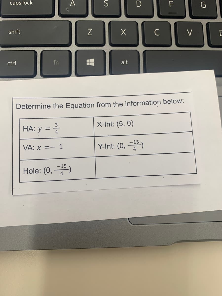caps lock
A
F
shift
C
V
E
ctrl
fn
alt
Determine the Equation from the information below:
X-Int: (5, 0)
3
HA: y
%3D
4
-15
VA: x =- 1
Y-Int: (0, )
4
-15
Hole: (0, )
