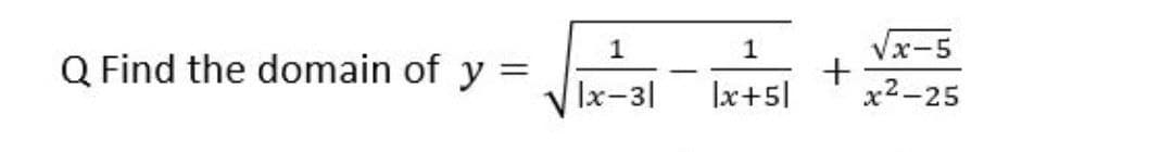 1
1
Vx-5
Q Find the domain of y =
|x-31
Ix+5|
x2-25

