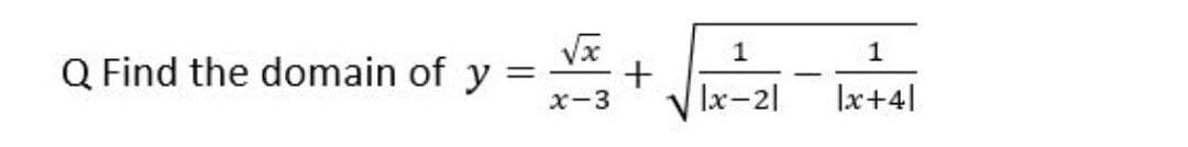 1
1
Q Find the domain of y =
x-3
lx-2|
|x+4]
