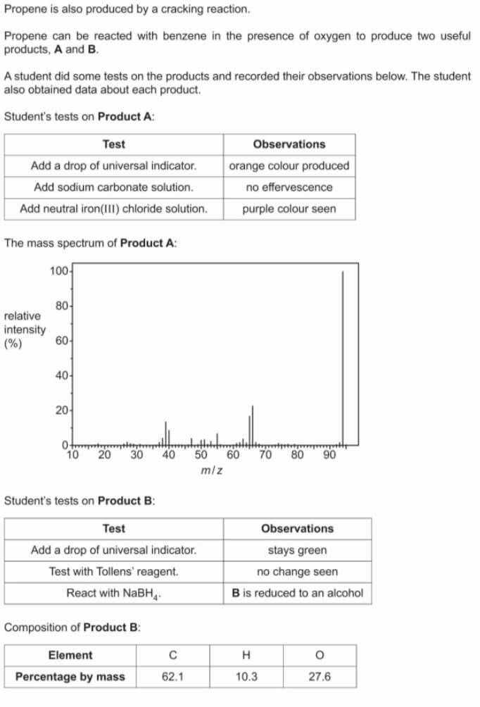 Propene is also produced by a cracking reaction.
Propene can be reacted with benzene in the presence of oxygen to produce two useful
products, A and B.
A student did some tests on the products and recorded their observations below. The student
also obtained data about each product.
Student's tests on Product A:
Test
Observations
Add a drop of universal indicator.
orange colour produced
Add sodium carbonate solution.
no effervescence
Add neutral iron(III) chloride solution.
purple colour seen
The mass spectrum of Product A:
100-
80-
relative
intensity
(%)
60-
40-
20-
10
20
30
40
50
60
70
80
90
mlz
Student's tests on Product B:
Test
Observations
Add a drop of universal indicator.
stays green
Test with Tollens' reagent.
no change seen
React with NABH4.
B is reduced to an alcohol
Composition of Product B:
Element
H
Percentage by mass
62.1
10.3
27.6
