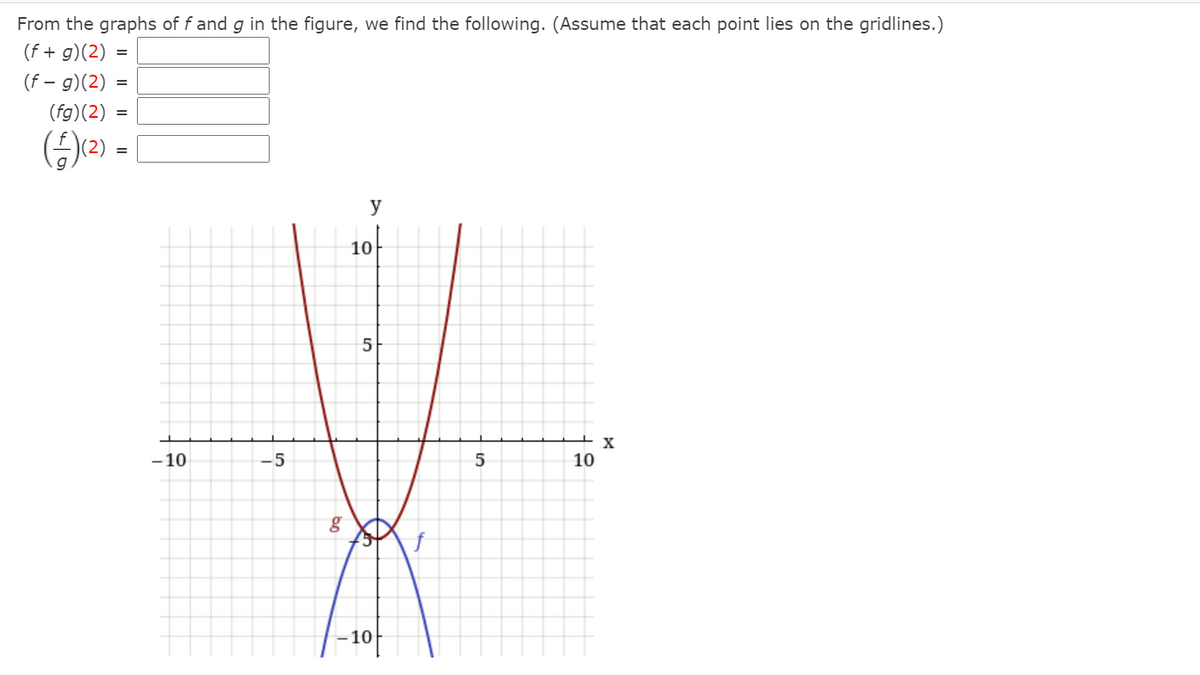 From the graphs of f and g in the figure, we find the following. (Assume that each point lies on the gridlines.)
(f + g)(2)
(f – g)(2)
(fg)(2) =
y
10
5
X
-10
-5
5
10
-10-
I| ||
