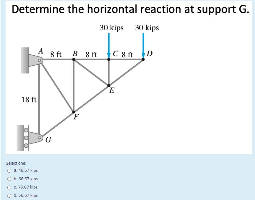 Determine the horizontal reaction at support G.
30 kips
30 kips
A 8 ft B 8 ft
C 8 ft
E
18 ft
F
G
Select one:
a. 46.67 kips
O b. 66.67 kips
O C. 76.67 kips
O d. 56.67 kips

