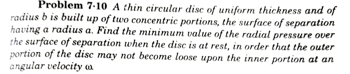 Problem 7.10 A thin circular disc of uniform thickness and of
radius b is built up of two concentric portions, the surface of separation
having a radius a. Find the minimum value of the radial pressure over
the surface of separation when the disc is at rest, in order that the outer
portion of the disc may not become loose upon the inner portion at an
angular velocity w.
