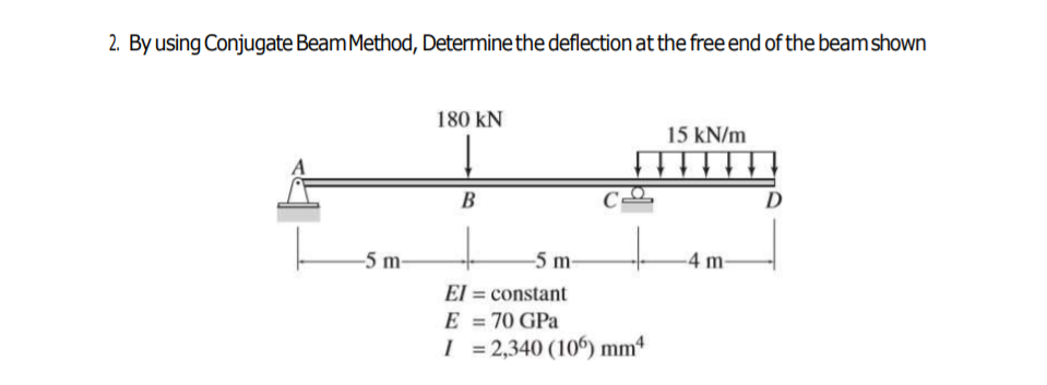 2. By using Conjugate Beam Method, Determine the deflection at the free end of the beam shown
180 kN
15 kN/m
B
-5 m-
-5 m-
-4 m-
El = constant
E = 70 GPa
I = 2,340 (106) mm4
%3D
%3D
