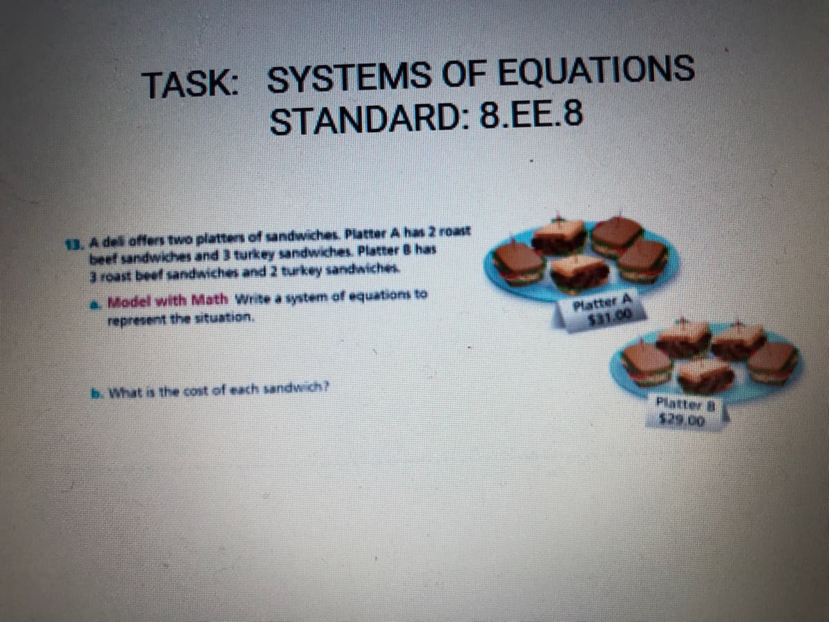 TASK: SYSTEMS OF EQUATIONS
STANDARD: 8.EE.8
13. A del offers two platters of sandwiches. Platter A has 2 roast
beef sandwiches and 3 turkey sandwiches. Platter 8 has
3 roast beef sandwiches and 2 turkey sandwiches
Model with Math Write a system of equations to
represent the situation.
Platter A
Sa1.00
b. What is the cost of each sndwich?
Platter B
$29.00
