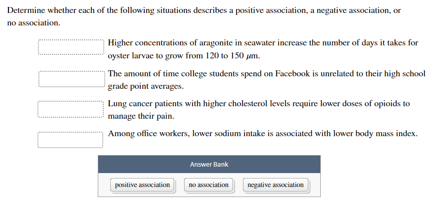 Determine whether each of the following situations describes a positive association, a negative association, or
no association.
Higher concentrations of aragonite in seawater increase the number of days it takes for
oyster larvae to grow from 120 to 150 µm.
The amount of time college students spend on Facebook is unrelated to their high school
grade point averages.
Lung cancer patients with higher cholesterol levels require lower doses of opioids to
manage their pain.
Among office workers, lower sodium intake is associated with lower body mass index.
Answer Bank
positive association
no association
negative association
