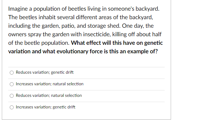 Imagine a population of beetles living in someone's backyard.
The beetles inhabit several different areas of the backyard,
including the garden, patio, and storage shed. One day, the
owners spray the garden with insecticide, killing off about half
of the beetle population. What effect will this have on genetic
variation and what evolutionary force is this an example of?
Reduces variation; genetic drift
Increases variation; natural selection
Reduces variation; natural selection
Increases variation; genetic drift