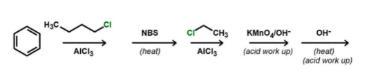 H3C,
NBS
CH3
KMNO,JOH-
он-
AICI3
(heat)
AICI3
(acid work up)
(heat)
(acid work up)
