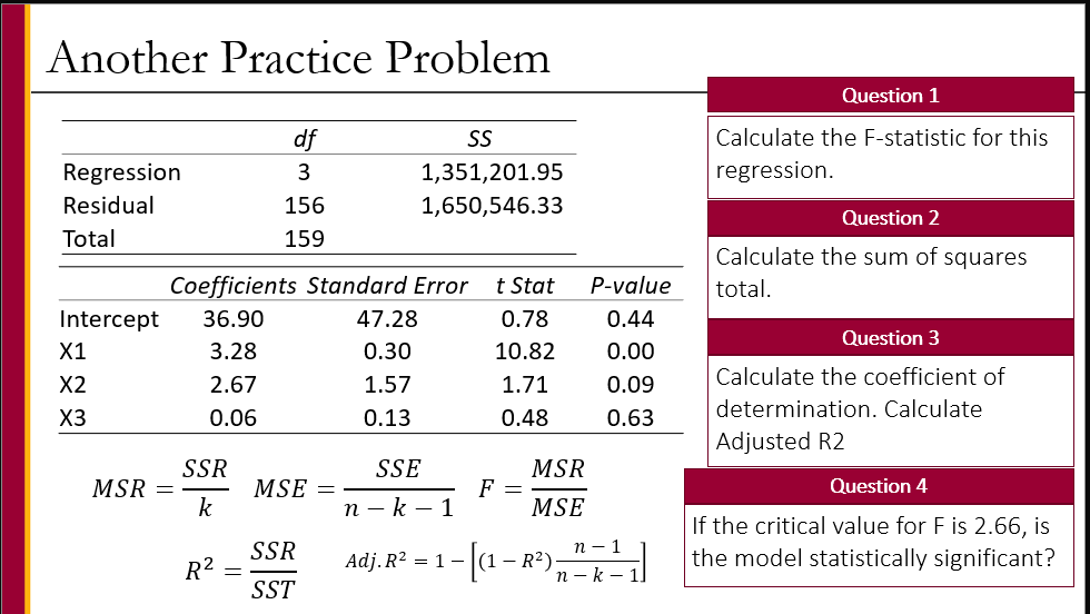 Another Practice Problem
Regression
Residual
Total
Intercept
X1
X2
X3
MSR =
Coefficients Standard Error t Stat
36.90
0.78
3.28
10.82
2.67
0.06
SSR
k
R²
df
3
156
159
=
MSE
SSR
SST
SS
1,351,201.95
1,650,546.33
47.28
0.30
1.57
0.13
SSE
n-k-1
1.71
0.48
F =
MSR
MSE
P-value
0.44
0.00
0.09
0.63
Question 1
Calculate the F-statistic for this
regression.
Question 2
Calculate the sum of squares
total.
Question 3
Calculate the coefficient of
determination. Calculate
Adjusted R2
Question 4
If the critical value for F is 2.66, is
Adj. R²1 (1 - R²)
-[(1-R²) ¹₁ the model statistically significant?