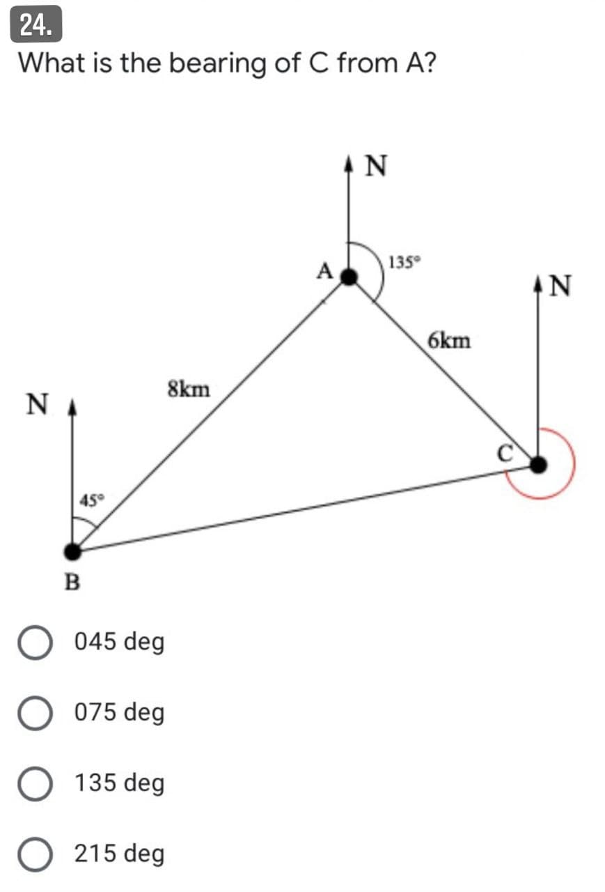 24.
What is the bearing of C from A?
A
135°
6km
8km
N 4
45°
B
045 deg
075 deg
135 deg
215 deg
