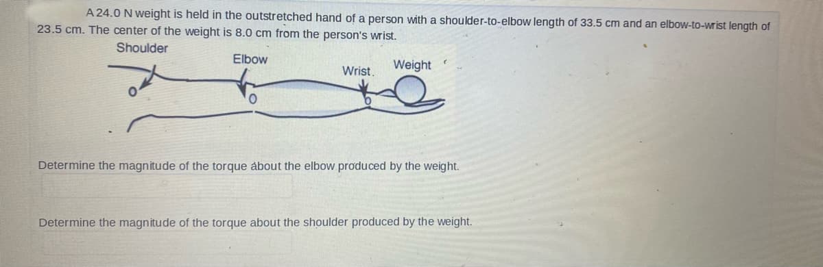 A 24.0 N weight is held in the outstretched hand of a person with a shoulder-to-elbow length of 33.5 cm and an elbow-to-wrist length of
23.5 cm. The center of the weight is 8.0 cm from the person's wrist.
Shoulder
Elbow
Weight
Wrist.
Determine the magnitude of the torque about the elbow produced by the weight.
Determine the magnitude of the torque about the shoulder produced by the weight.