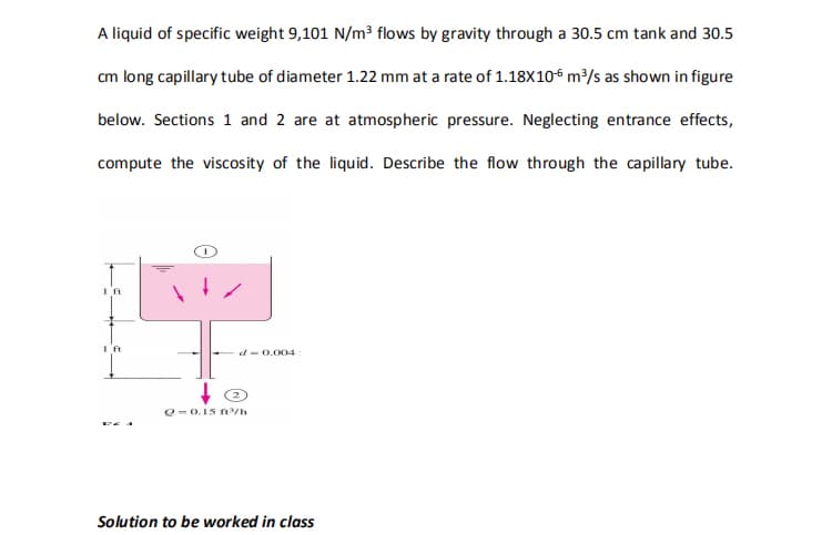 A liquid of specific weight 9,101 N/m3 flows by gravity through a 30.5 cm tank and 30.5
cm long capillary tube of diameter 1.22 mm at a rate of 1.18X106 m³/s as shown in figure
below. Sections 1 and 2 are at atmospheric pressure. Neglecting entrance effects,
compute the viscosity of the liquid. Describe the flow through the capillary tube.
1ft
d- 0.004
O-0.15 n/h
Solution to be worked in class
