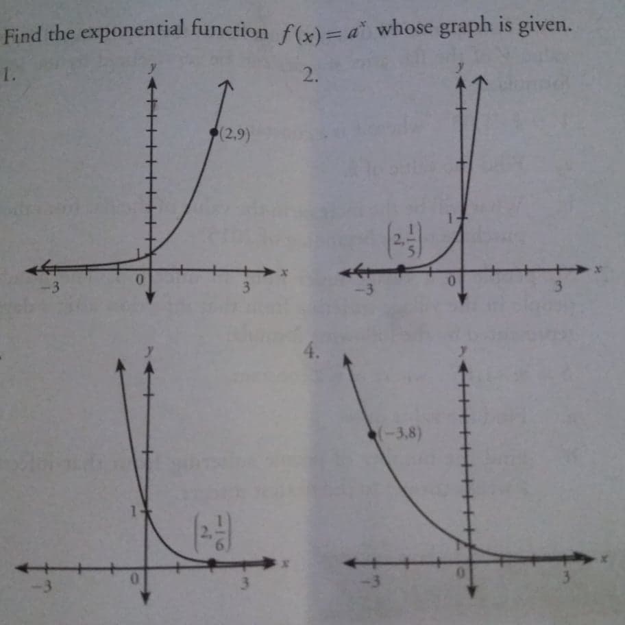 Find the exponential function f(x)= a° whose graph is given.
1.
2.
(2,9)
0.
-3
3
-3
3
(-3,8)
-3
115
2,
131
2,
