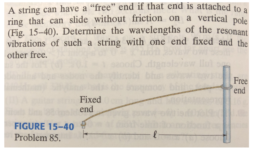 A string can have a "free" end if that end is attached to a
ring that can slide without friction on a vertical pole
(Fig. 15-40). Determine the wavelengths of the resonant
vibrations of such a string with one end fixed and the
other free.
o dignelovew lloh
bi bhs eoh
Free
end
Fixed
end
16
FIGURE 15-40
Problem 85.
l-
