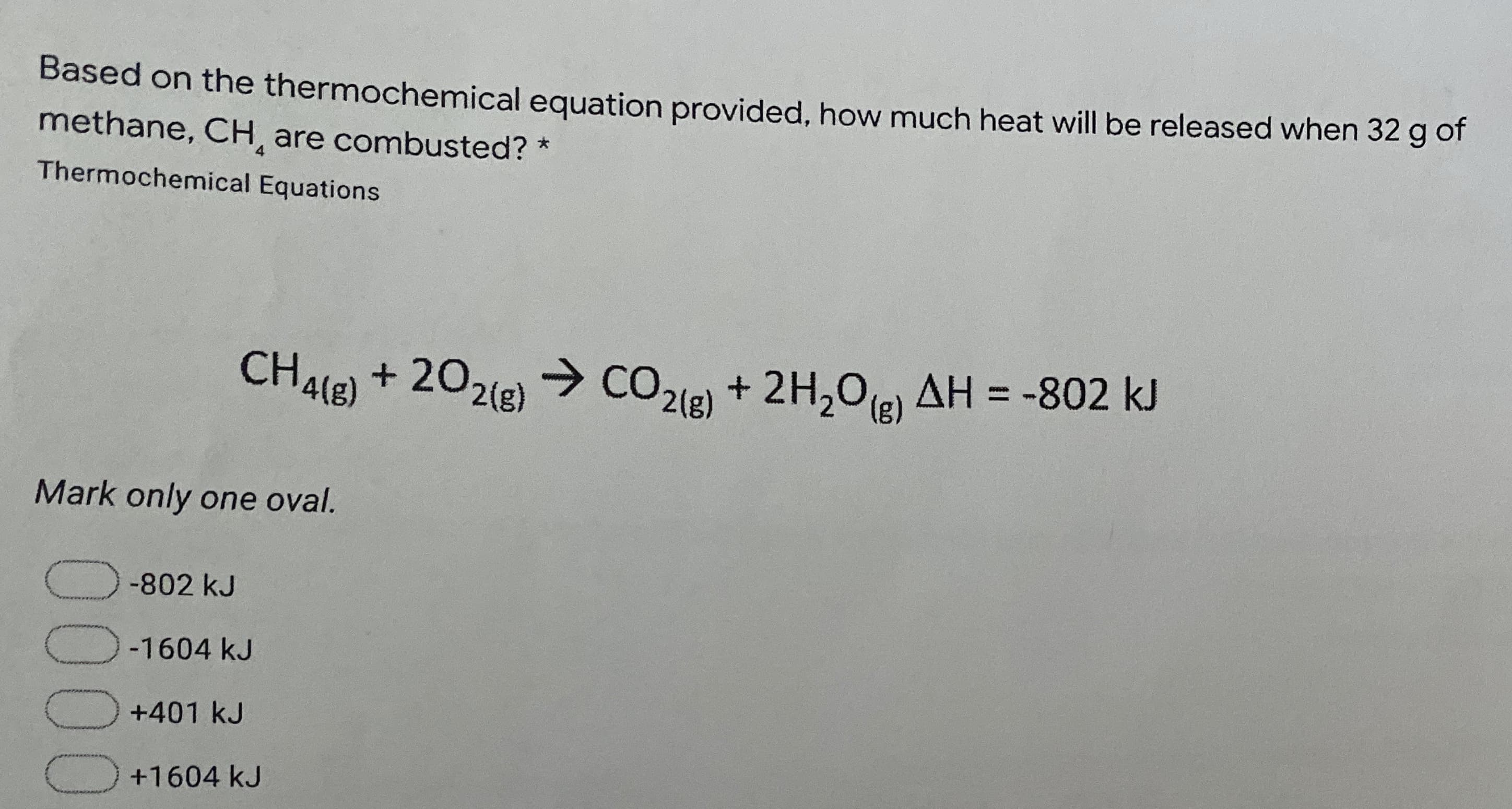 Based on the thermochemical equation provided, how much heat will be released when 32 g of
methane, CH, are combusted? *
Thermochemical Equations
