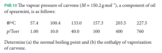 P4B.10 The vapour pressure of carvone (M= 150.2 g mol"), a component of oil
of spearmint, is as follows:
57.4
100.4
133.0
157.3
203.5
227.5
p/Torr
1.00
10.0
40.0
100
400
760
Determine (a) the normal boiling point and (b) the enthalpy of vaporization
of carvone.
