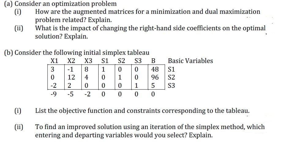 (a) Consider an optimization problem
(i)
How are the augmented matrices for a minimization and dual maximization
problem related? Explain.
What is the impact of changing the right-hand side coefficients on the optimal
solution? Explain.
(ii)
(b) Consider the following initial simplex tableau
X1
X2
X3
S1
S2
S3
В
Basic Variables
-1
8.
1
48
S1
12
4
1
96
S2
-2
2
1
5
S3
-9
-5
-2
(i)
List the objective function and constraints corresponding to the tableau.
(ii)
To find an improved solution using an iteration of the simplex method, which
entering and departing variables would you select? Explain.
