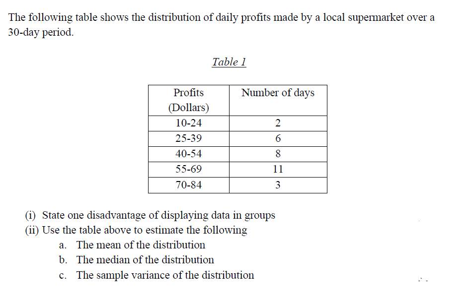 The following table shows the distribution of daily profits made by a local supermarket over a
30-day period.
Table 1
Profits
Number of days
(Dollars)
10-24
2
25-39
40-54
8
55-69
11
70-84
3
(i) State one disadvantage of displaying data in groups
(ii) Use the table above to estimate the following
a. The mean of the distribution
b. The median of the distribution
c. The sample variance of the distribution
