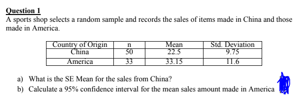 Question 1
A sports shop selects a random sample and records the sales of items made in China and those
made in America.
Country of Origin
China
Mean
22.5
Std. Deviation
9.75
50
America
33
33.15
11.6
a) What is the SE Mean for the sales from China?
b) Calculate a 95% confidence interval for the mean sales amount made in America
