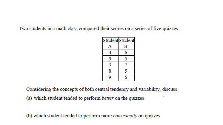 Two students in a math class compared their scores on a series of five quizzes:
Student Student
А
B
4
6
9
5
3
7
8
5
6
Considering the concepts of both central tendency and variability, discuss
(a) which student tended to perform better on the quizzes
(b) which student tended to perform more consistently on quizzes
