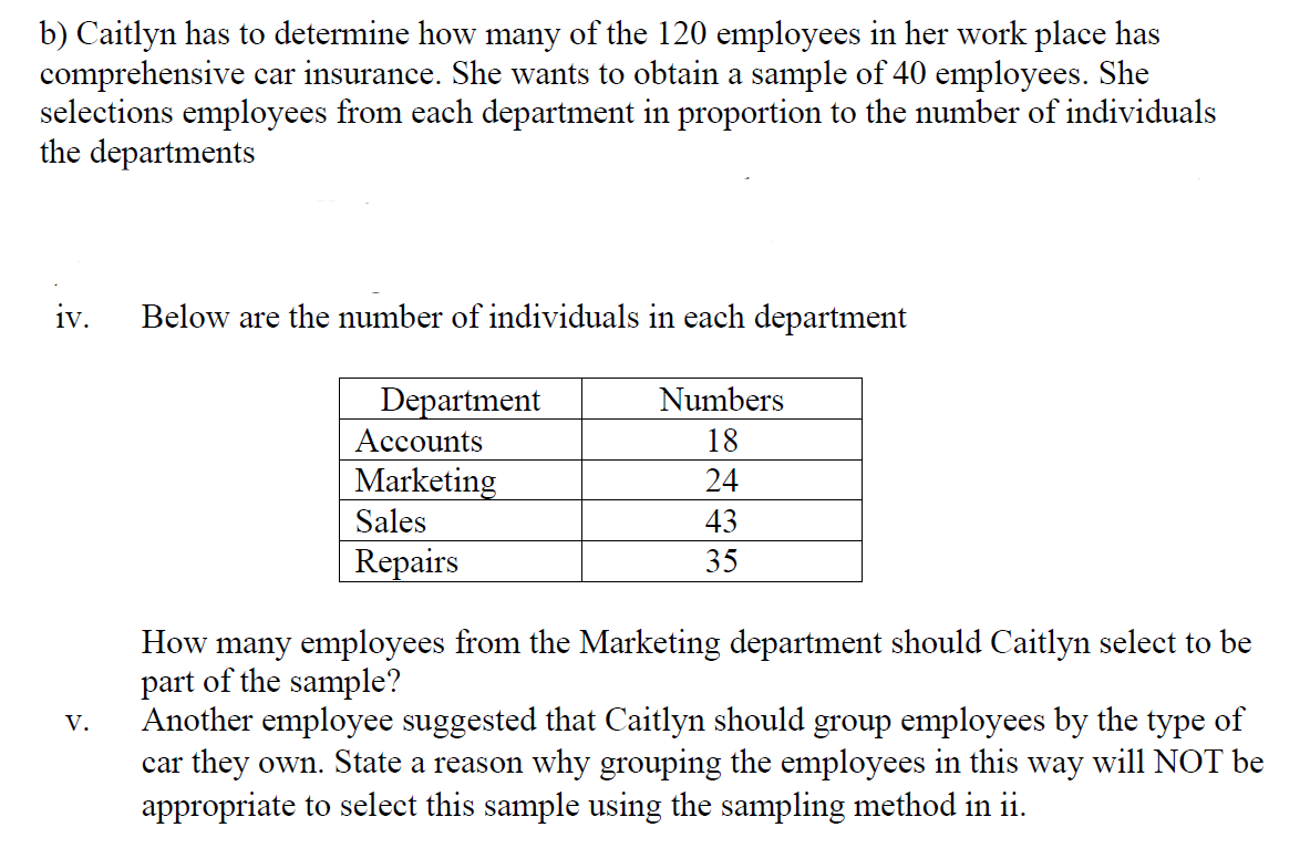 b) Caitlyn has to determine how many of the 120 employees in her work place has
comprehensive car insurance. She wants to obtain a sample of 40 employees. She
selections employees from each department in proportion to the number of individuals
the departments
iv.
Below are the number of individuals in each department
Department
Numbers
Accounts
18
Marketing
Sales
24
43
Repairs
35
How many employees from the Marketing department should Caitlyn select to be
part of the sample?
Another employee suggested that Caitlyn should group employees by the type of
car they own. State a reason why grouping the employees in this way will NOT be
appropriate to select this sample using the sampling method in ii.
V.
