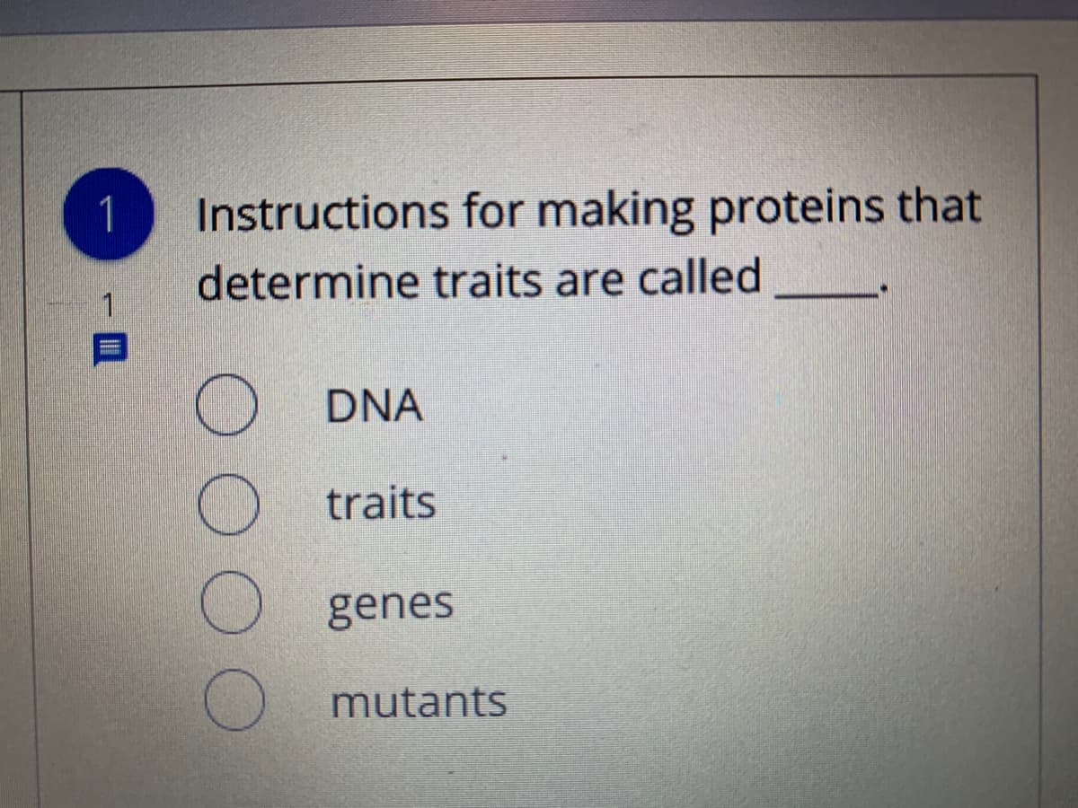 Instructions for making proteins that
determine traits are called _.
1
DNA
traits
genes
mutants
