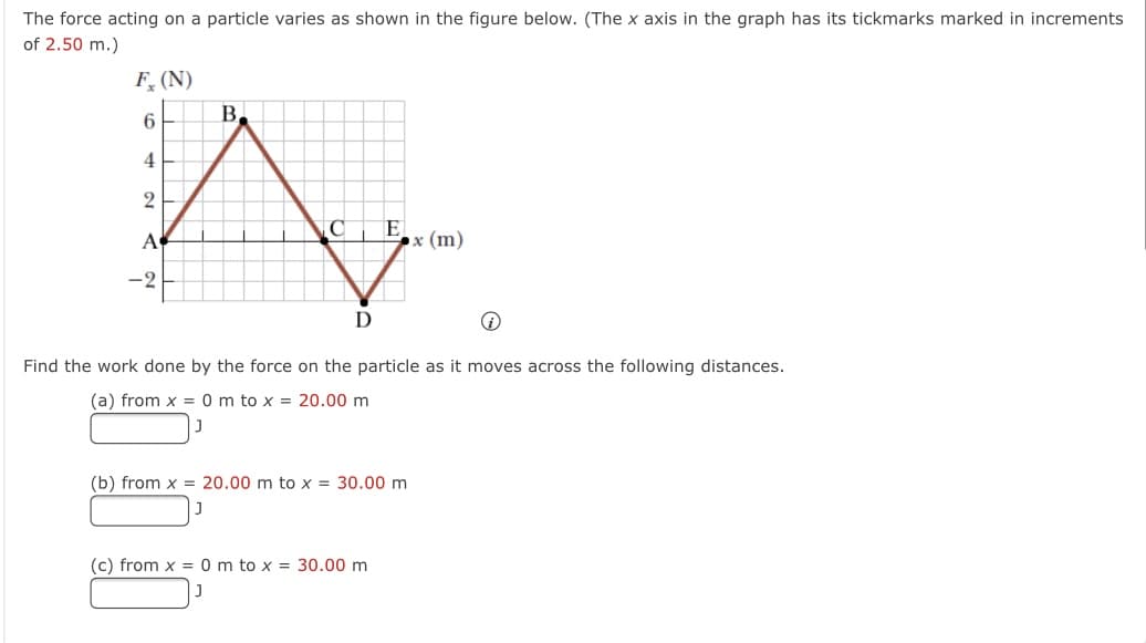 The force acting on a particle varies as shown in the figure below. (The x axis in the graph has its tickmarks marked in increments
of 2.50 m.)
F, (N)
B.
4
A
Ex (m)
-2
D
Find the work done by the force on the particle as it moves across the following distances.
(a) from x = 0 m to x = 20.00 m
(b) from x = 20.00 m to x = 30.00 m
(c) from x = 0m to x = 30.00 m
J
