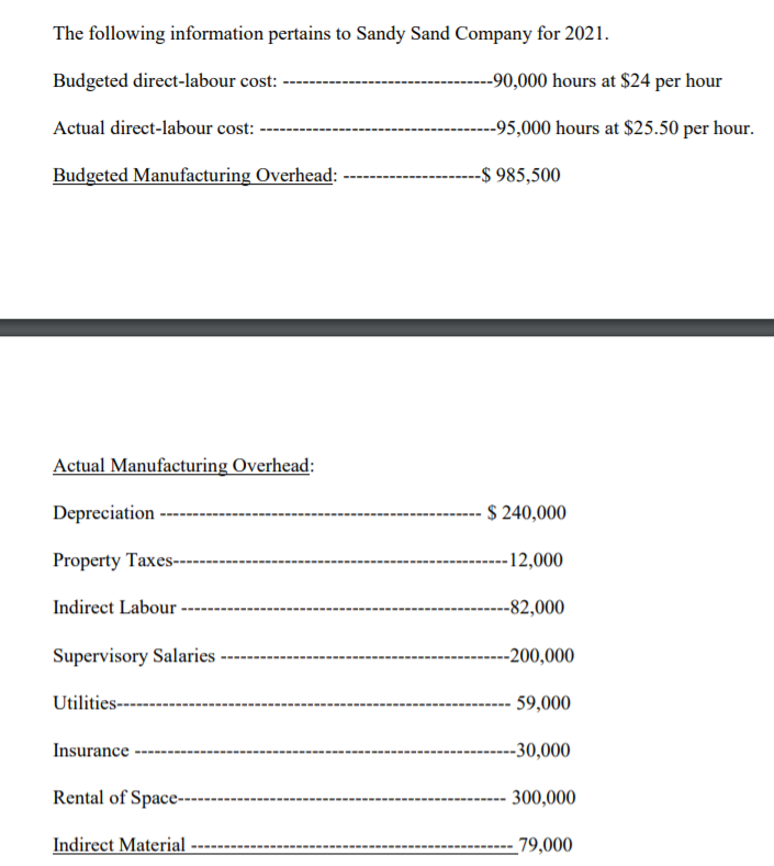 The following information pertains to Sandy Sand Company for 2021.
Budgeted direct-labour cost:
----90,000 hours at $24 per hour
Actual direct-labour cost:
--95,000 hours at $25.50 per hour.
Budgeted Manufacturing Overhead: -
---$ 985,500
Actual Manufacturing Overhead:
Depreciation
- $ 240,000
Property Taxes--
12,000
Indirect Labour -
-82,000
Supervisory Salaries ---
--200,000
Utilities---
59,000
Insurance
-30,000
Rental of Space--
- 300,000
Indirect Material
_79,000
