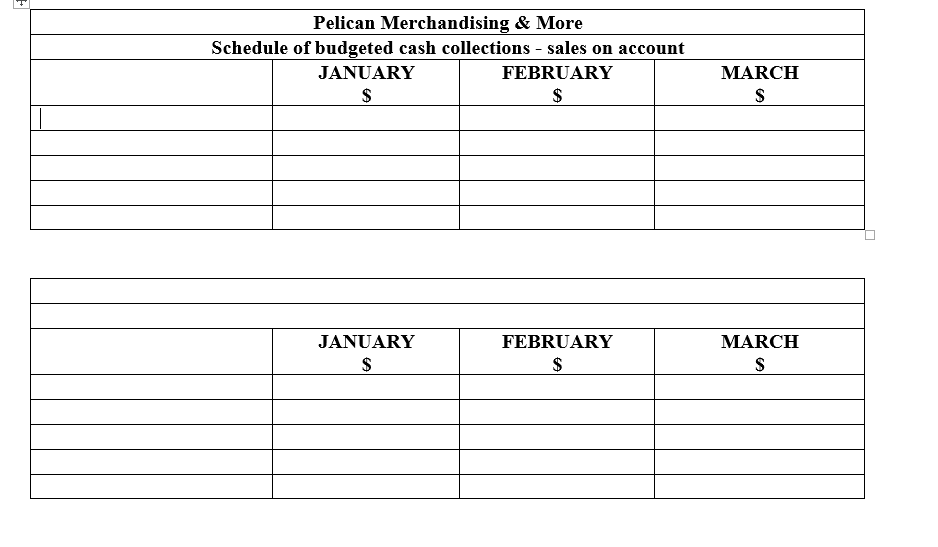 Pelican Merchandising & More
Schedule of budgeted cash collections - sales on account
JANUARY
FEBRUARY
MARCH
$
JANUARY
FEBRUARY
MARCH
$
