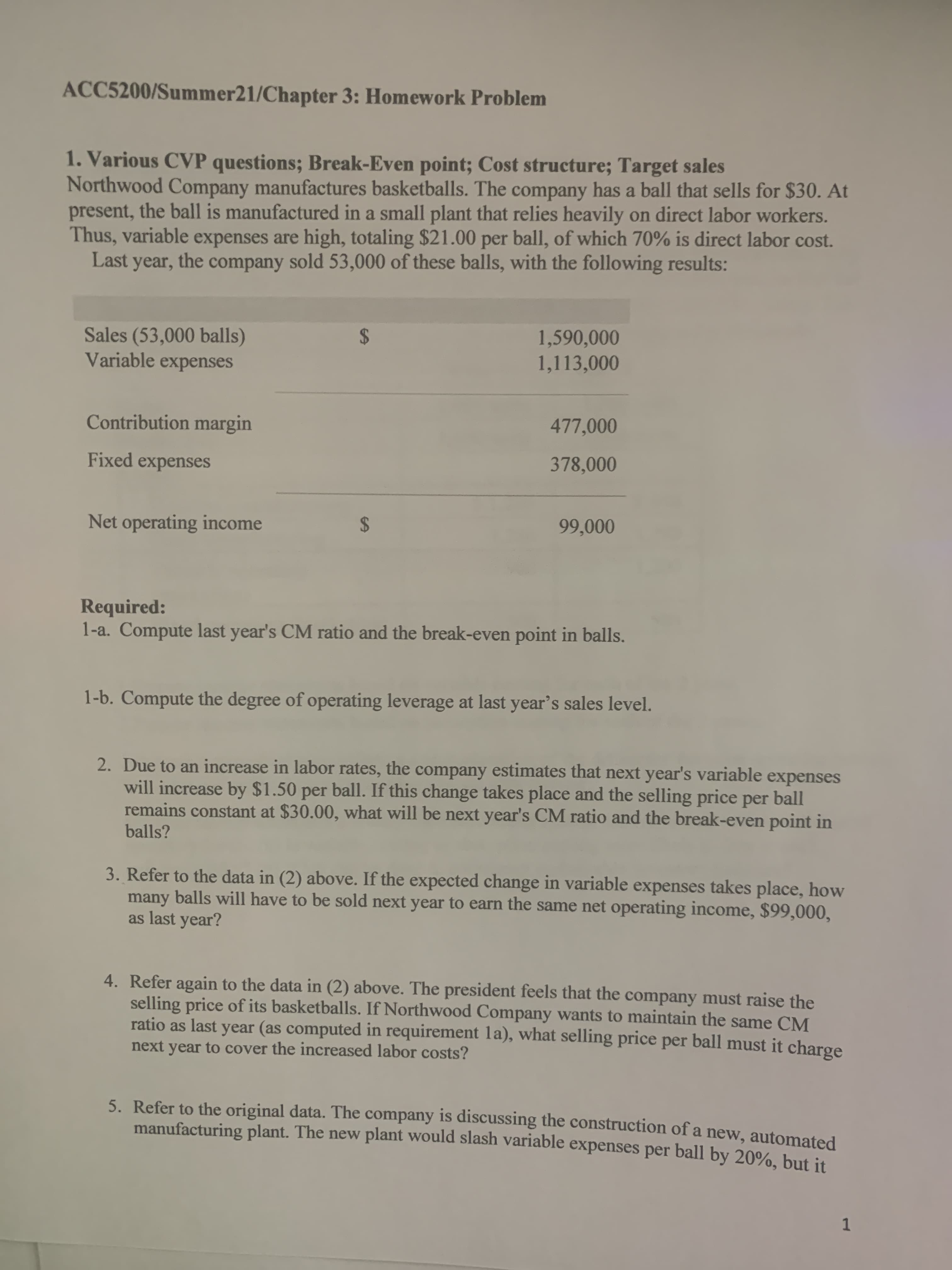 Required:
1-a. Compute last year's CM ratio and the break-even point in balls.
1-b. Compute the degree of operating leverage at last year's sales level.
2. Due to an increase in labor rates, the company estimates that next year's variable expenses
will increase by $1.50 per ball. If this change takes place and the selling price per
remains constant at $30.00, what will be next year's CM ratio and the break-even point in
ball
balls?
3. Refer to the data in (2) above. If the expected change in variable expenses takes place, how
many balls will have to be sold next year to earn the same net operating income, $99,000,
as last year?
