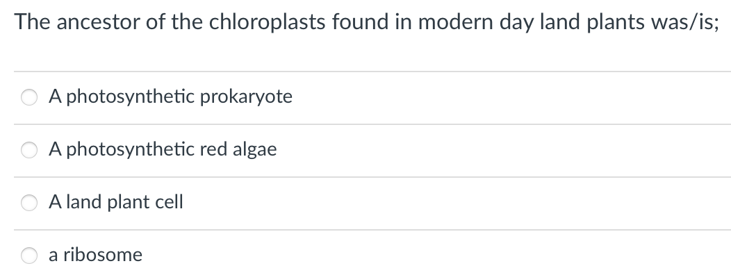 The ancestor of the chloroplasts found in modern day land plants was/is;
A photosynthetic prokaryote
A photosynthetic red algae
A land plant cell
a ribosome
