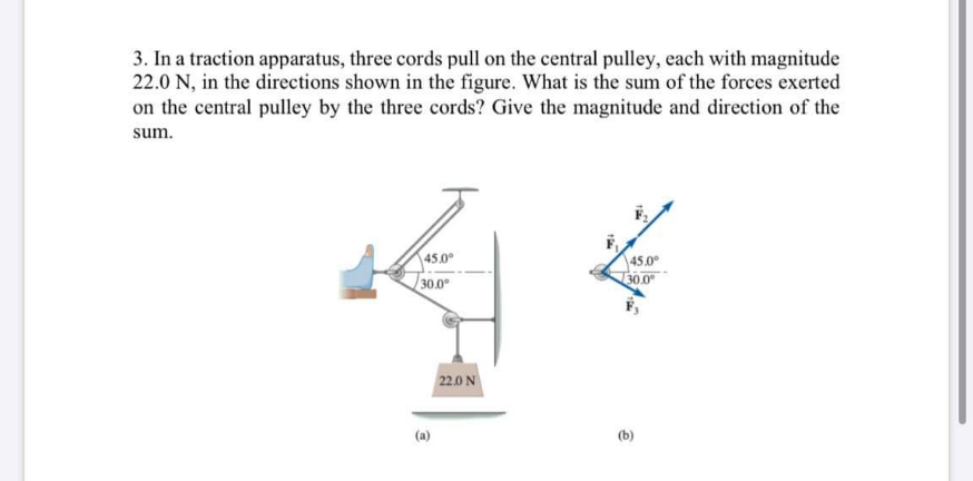 3. In a traction apparatus, three cords pull on the central pulley, each with magnitude
22.0 N, in the directions shown in the figure. What is the sum of the forces exerted
on the central pulley by the three cords? Give the magnitude and direction of the
sum.
45.0
45.0°
30.0°
30.0
22.0 N
(a)
(b)
