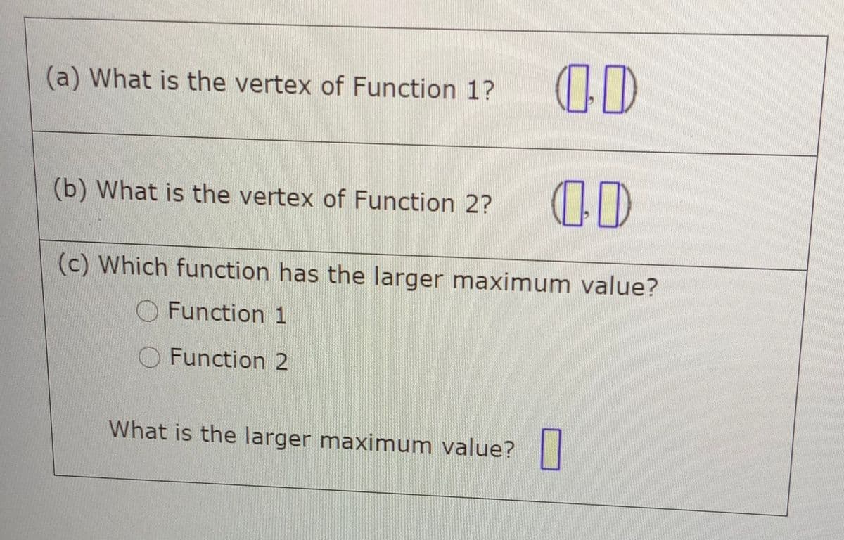 (a) What is the vertex of Function 1?
(b) What is the vertex of Function 2?
(c) Which function has the larger maximum value?
Function 1
Function 2
What is the larger maximum value?|
