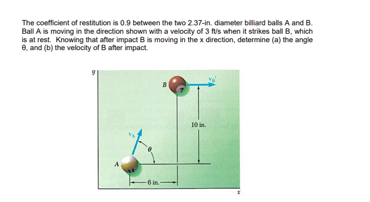 The coefficient of restitution is 0.9 between the two 2.37-in. diameter billiard balls A and B.
Ball A is moving in the direction shown with a velocity of 3 ft/s when it strikes ball B, which
is at rest. Knowing that after impact B is moving in the x direction, determine (a) the angle
e, and (b) the velocity of B after impact.
10 in.
-6 in.
