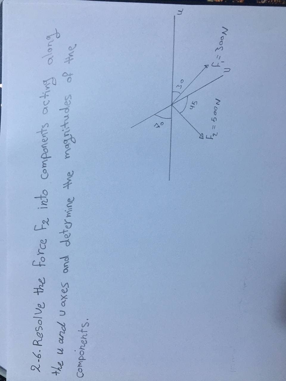 40
2-6. Resolve the force Fe into components acting along
the u and u axes and determine the magnitudes of the
Components.
45
f= 300N
!!
