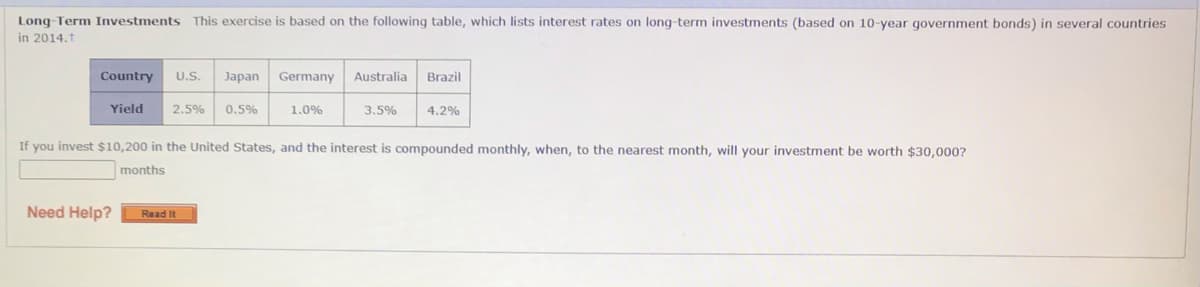 Long-Term Investments This exercise is based on the following table, which lists interest rates on long-term investments (based on 10-year government bonds) in several countries
in 2014.t
Country
U.S.
Jаpan
Germany
Australia
Brazil
Yield
2,5%
0.5%
1.0%
3.5%
4.2%
If you invest $10,200 in the United States, and the interest is compounded monthly, when, to the nearest month, will your investment be worth $30,000?
months
Need Help?
Read It
