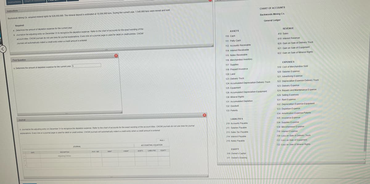 Chart of ACcount
Instructions
Instructions
CHART OF ACCOUNTS
Bacwoods Mining Co. acquired mineral nights for $28.050,000. The mineral deposit is estimated at 16,500,000 tons. During the current year, 1,540,000 tons were mined and sold
Backwoods Mining Co.
Reguired:
General Ledger
a Determine the amount of depletion expense for the current vear
b Joumalze the adiusting enbry on December 31 to recognze the depletion expense Refer to the chart of accounts for the exact wording of the
account stles. CNOW joumals do not use ines for journal explanations Every line on a journal page is used for debit or credit entries CNOW
REVENUE
ASSETS
110 Cash
410 Sales
journals will automatically indent a credit entry when a credit amount is entered
111 Petty Cash
610 Interest Revenue
112 Accounts Receivable
620 Gain on Sale of Delivery Truck
621 Gain on Sale of Equipment
114 Interest Receivable
First Question
115 Notes Receivable
622 Gain on Sale of Mineral Rights
116 Merchandise Inventory
a Determine the amount of deplebon expense for the currert year S
EXPENSES
117 Supplies
510 Cost of Merchandise Sold
119 Prepaid Insurance
520 Salaries Expense
120 Land
123 Delivery Truck
521 Advertising Expense
124 Accumulated Depreciation-Delivery Truck
522 Depreciation Expense-Delivery Truck
125 Equipment
523 Delivery Expense
126 Accumulated Depreciation-Equipment
524 Repairs and Maintenance Expense
130 Mineral Rights
529 Seling Expenses
131 Accumulated Depletion
531 Rent Expense
132 Goodwill
532 Depreciation Expense Equipment
133 Patents
533 Depletion Expense
Joumal
534 Amortization Expense-Patents
LIAIMLITIES
535 Insurance Expense
D Joumalze the adjusting entry on December 31 to recognce the depletion expence Refer to the chart of accounts for the exact wording of the account ttles. CNOW jourmals do not use ines for jourmal
210 Accounts Payable
536 Supples Expense
explanationa Every line on a joumal page is used for debit or credt enties CNOW jpumais will automatically indent a credit entry when a redt amount is entered
211 Salaries Payable
539 Miscellaneous Expense
213 Sales Tax Payable
710 Interest Expense
214 Interest Payable
720 Loss on Sale of Delivery Truck
PAGE
215 Notes Payable
721 Loss on Sale of Equipment
JOURNAL
ACCOUNTING EQUATION
722 Loss on Sale of Mineral Rights
DATE
DESCRPTION
POST. RET
CREDIT
ASSETS
LUABITES
EQUITY
EQUITY
Adusting Entries
310 Owner's Capital
311 Owner's Drawing
