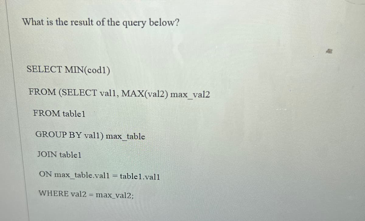 What is the result of the query below?
SELECT MIN(codl)
FROM (SELECT vall, MAX(val2) max_val2
FROM tablel
GROUP BY vall) max_table
JOIN table1
ON max_table.val1 = table1.vall
WHERE val2 = max_val2;