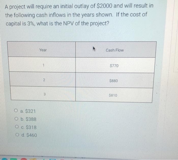 A project will require an initial outlay of $2000 and will result in
the following cash inflows in the years shown. If the cost of
capital is 3%, what is the NPV of the project?
a. $321
Ob. $388
O c. $318
O d. $460
Year
2
Cash Flow
$770
$880
$810