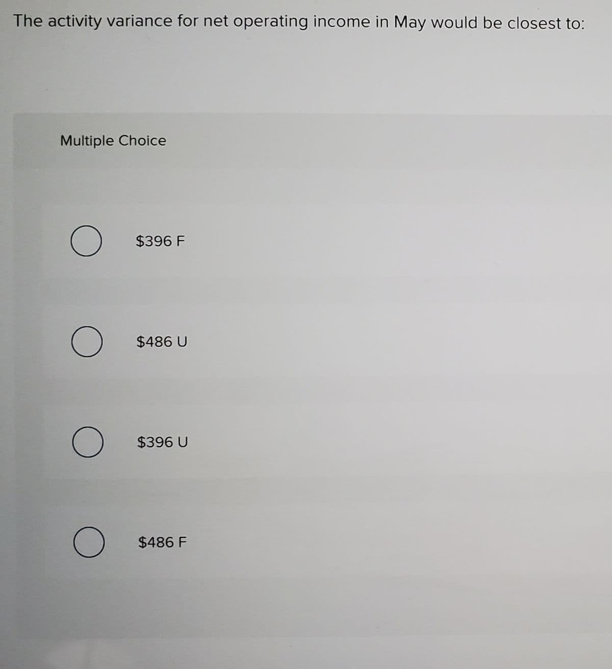 The activity variance for net operating income in May would be closest to:
Multiple Choice
$396 F
$486 U
$396 U
$486 F
