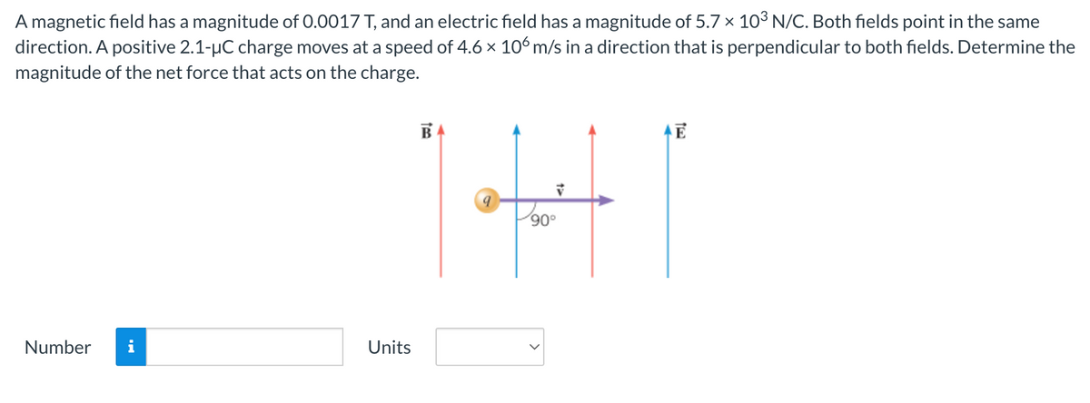 A magnetic field has a magnitude of 0.0017 T, and an electric field has a magnitude of 5.7 × 10³ N/C. Both fields point in the same
direction. A positive 2.1-µC charge moves at a speed of 4.6 × 106 m/s in a direction that is perpendicular to both fields. Determine the
magnitude of the net force that acts on the charge.
Number i
Units
HHI
90°
B
E