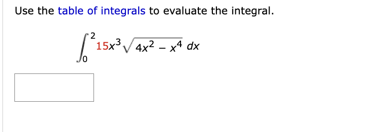 Use the table of integrals to evaluate the integral.
2
[²15x²
15x³√√4x² - x4 dx