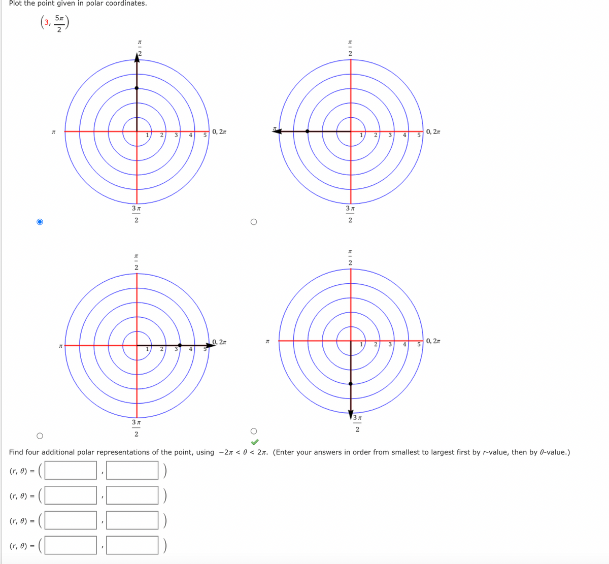 Plot the point given in polar coordinates.
(3. )
5л
0, 27
0, 2л
4
3
4
3 7
0,2л
2
3
4
0, 2л
3 7
3 7
Find four additional polar representations of the point, using -27 < 0 < 2n. (Enter your answers in order from smallest to largest first by r-value, then by 0-value.)
(r, 0) =
(r, 0) =
(r, 0) =
(r, 0) =
EIN
