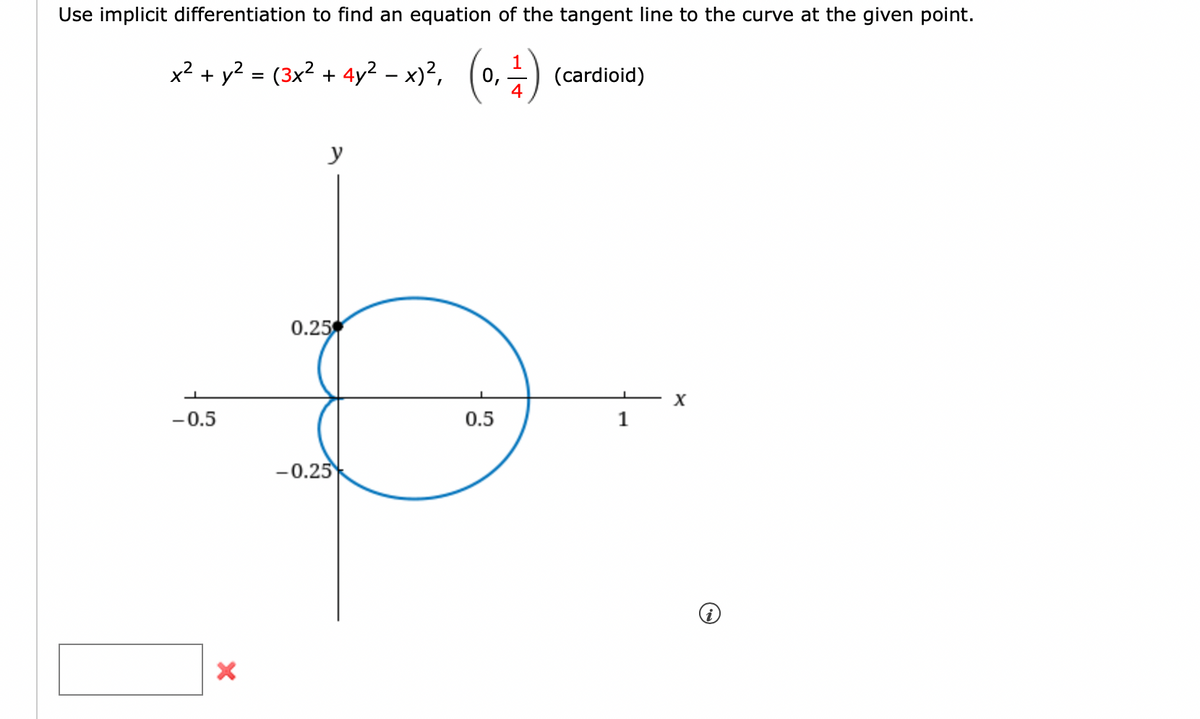 Use implicit differentiation to find an equation of the tangent line to the curve at the given point.
x² + y? = (3x² + 4y² - x)?, (0,-)
(cardioid)
4
y
0.25
-0.5
0.5
1
-0.25
