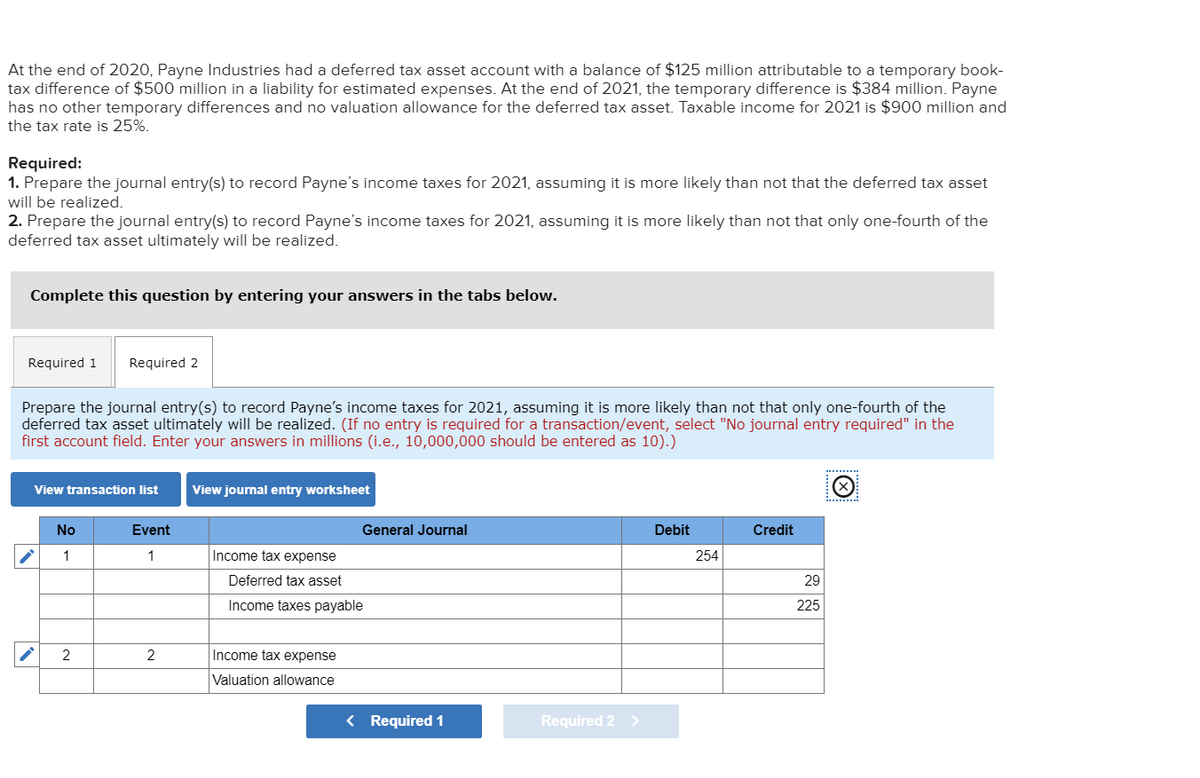 At the end of 2020, Payne Industries had a deferred tax asset account with a balance of $125 million attributable to a temporary book-
tax difference of $500 million in a liability for estimated expenses. At the end of 2021, the temporary difference is $384 million. Payne
has no other temporary differences and no valuation allowance for the deferred tax asset. Taxable income for 2021 is $900 million and
the tax rate is 25%.
Required:
1. Prepare the journal entry(s) to record Payne's income taxes for 2021, assuming it is more likely than not that the deferred tax asset
will be realized.
2. Prepare the journal entry(s) to record Payne's income taxes for 2021, assuming it is more likely than not that only one-fourth of the
deferred tax asset ultimately will be realized.
Complete this question by entering your answers in the tabs below.
Required 1
Required 2
Prepare the journal entry(s) to record Payne's income taxes for 2021, assuming it is more likely than not that only one-fourth of the
deferred tax asset ultimately will be realized. (If no entry is required for a transaction/event, select "No journal entry required" in the
first account field. Enter your answers in millions (i.e., 10,000,000 should be entered as 10).)
View transaction list
View journal entry worksheet
No
Event
General Journal
Debit
Credit
1
1
Income tax expense
254
Deferred tax asset
29
Income taxes payable
225
2
2
Income tax expense
Valuation allowance
< Required 1
Required 2 >
