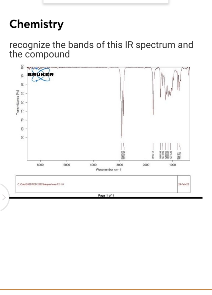 Chemistry
recognize the bands of this IR spectrum and
the compound
* BRUKER
雖解
6000
5000
4000
3000
2000
1000
Wavenumber cm-1
CData2022FEB 2022balgeeswasP2-10
24-Feb 22
Page 1 of 1
Transmittance [%]
75 80 85
