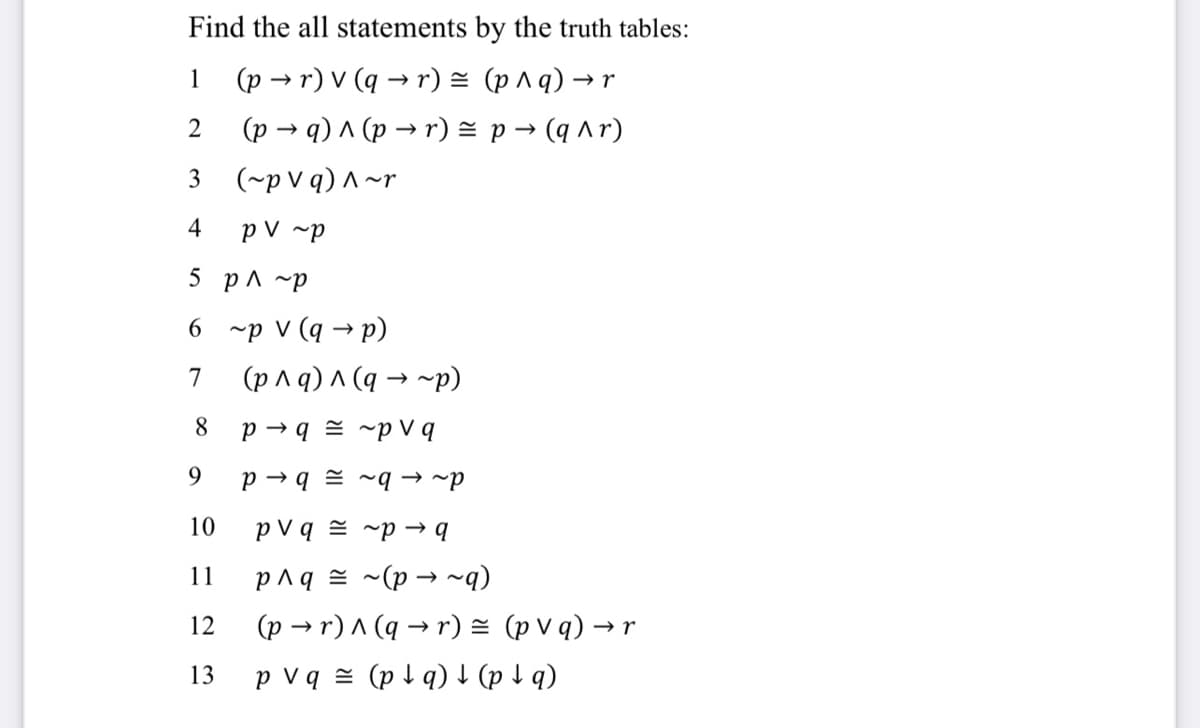 Find the all statements by the truth tables:
(p → r) v (q → r) = (p ^ q) → r
(p → q) ^ (p → r) = p → (q Ar)
(~p V q) ^ ~r
1
3
4
p V ~p
5 рл ~р
6 ~p V (q → p)
7
(p ^ q) ^ (q → ~p)
8
p → q = ~p V q
9.
d~ e b~ = bed
10
p V q = ~p → q
(b~ e d)~ = b yd
(p → r) ^ (q → r) = (p V q) → r
11
12
13
p V q = (p 1 q) + (p I q)
